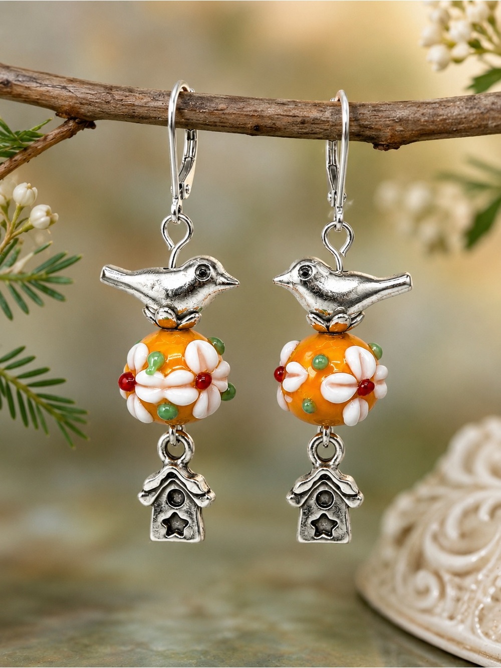 Handmade Lampwork Bird Earrings, Premium Leverbacks, Birdhouse Dangles